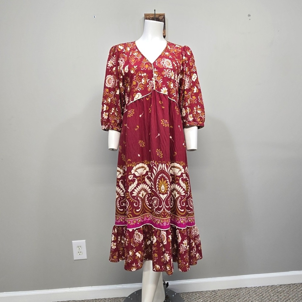 Figueroa & Flower Midi Dress Large Burgundy Floral Boho Peasant Cottage Romantic - Picture 1 of 9
